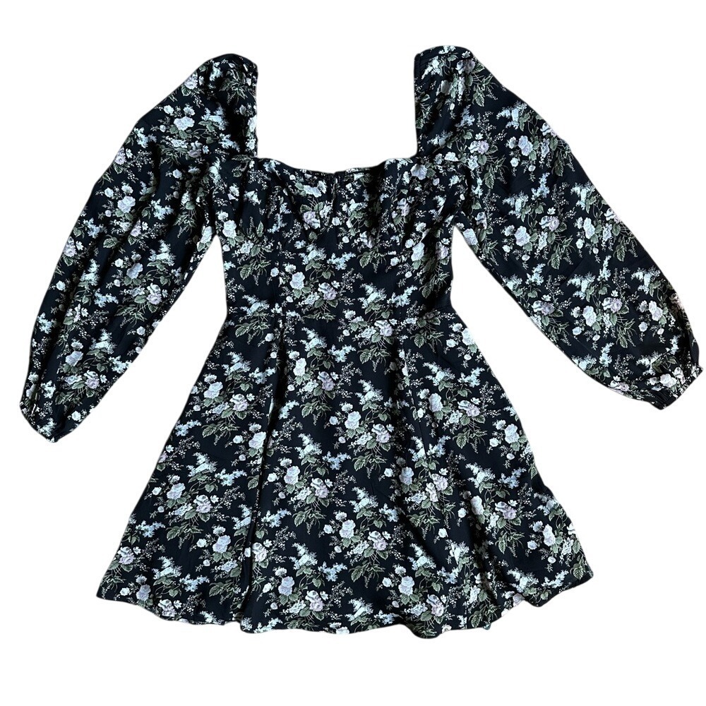 NWOT Oak + Fort Floral Mini Dress‎ Black Sweetheart Neck Long Sleeve Small